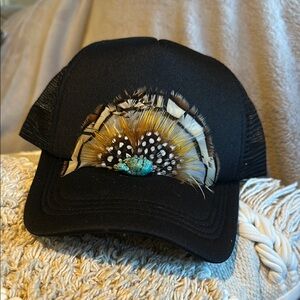 Black Feather Embellished Trucker Hat
